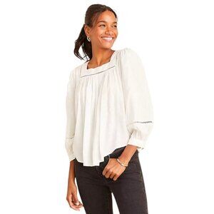 Ann Taylor White Dot Lace Trim Balloon Sleeve Top